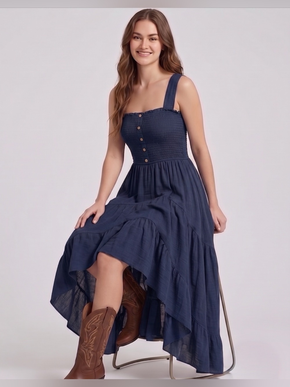 Strapless Smocked High-Low Maxi Dress with Buttons Navy - Picture 6 of 9